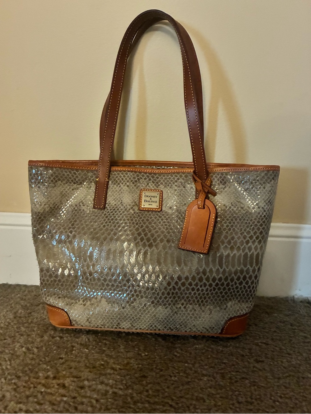 Dooney & Bourke Taupe Snake-Print Tote with Tan Leather Trim